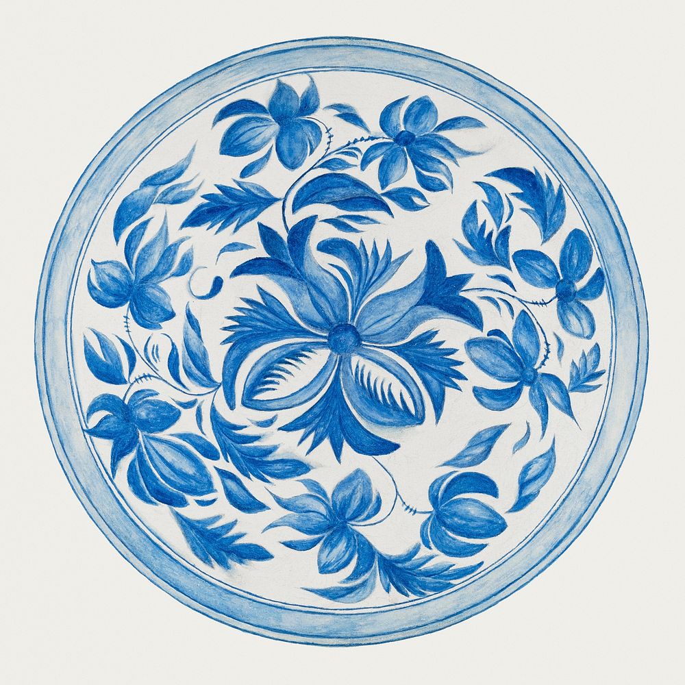 Vintage psd blue floral plate, remixed from artworks by Margaret Stottlemeyer