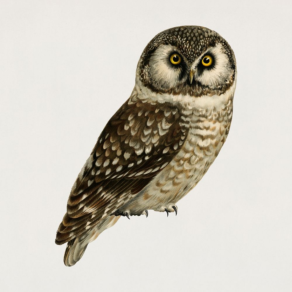 Vintage boreal owl bird hand drawing