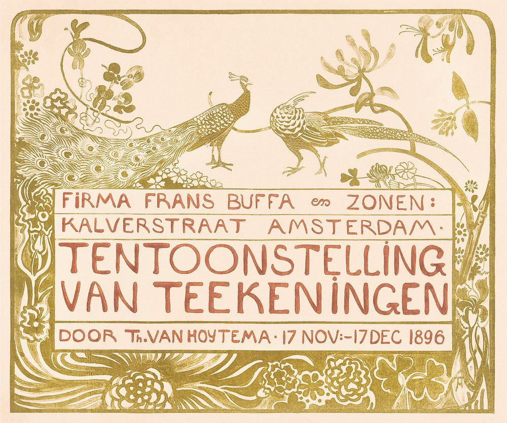 Tentoonstellingsaffiche met een pauw en een fazant voor een tentoonstelling van Theo van Hoytema bij Firma Frans Buffa en…