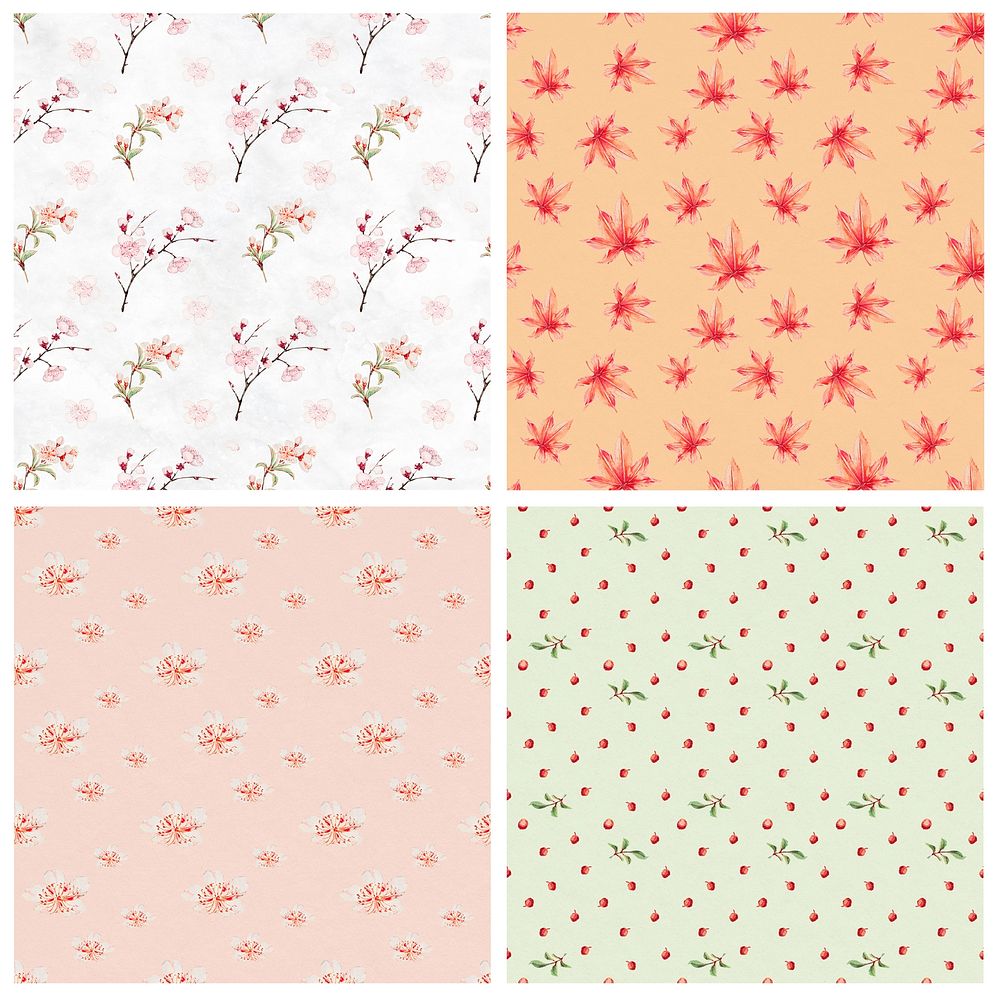 Japanese floral pattern background psd set, remix from artworks by Megata Morikaga