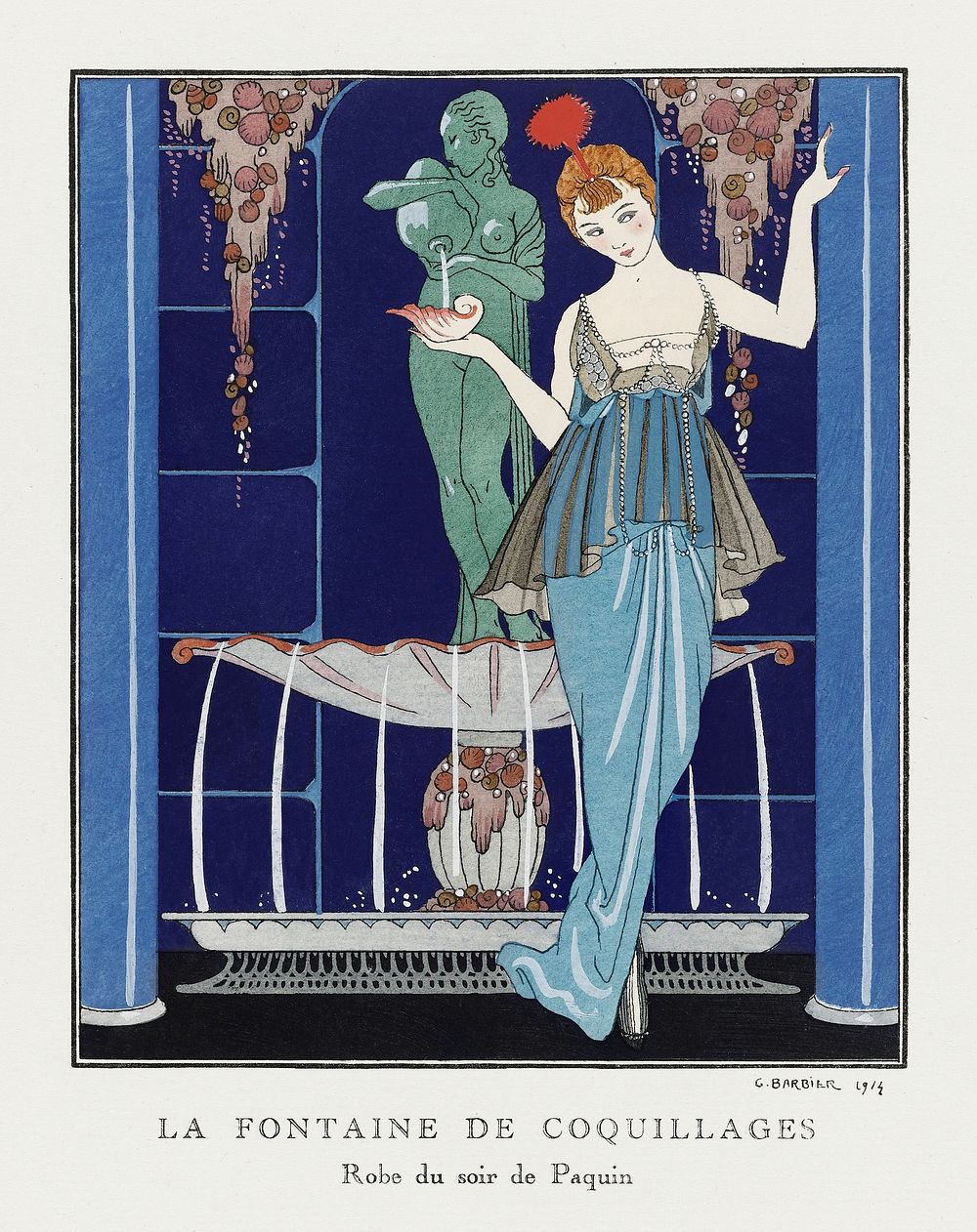 La Fontaine de coquillages: Robe du soir de Paquin (1914) fashion illustration in high resolution by George Barbier.…