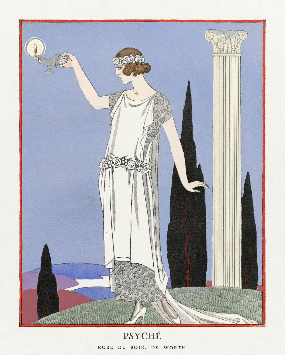Psych&eacute;: Robe du soir, de Worth from Gazette du Bon Ton No. 9 Pl. 68 (1921) fashion illustration in high resolution by…