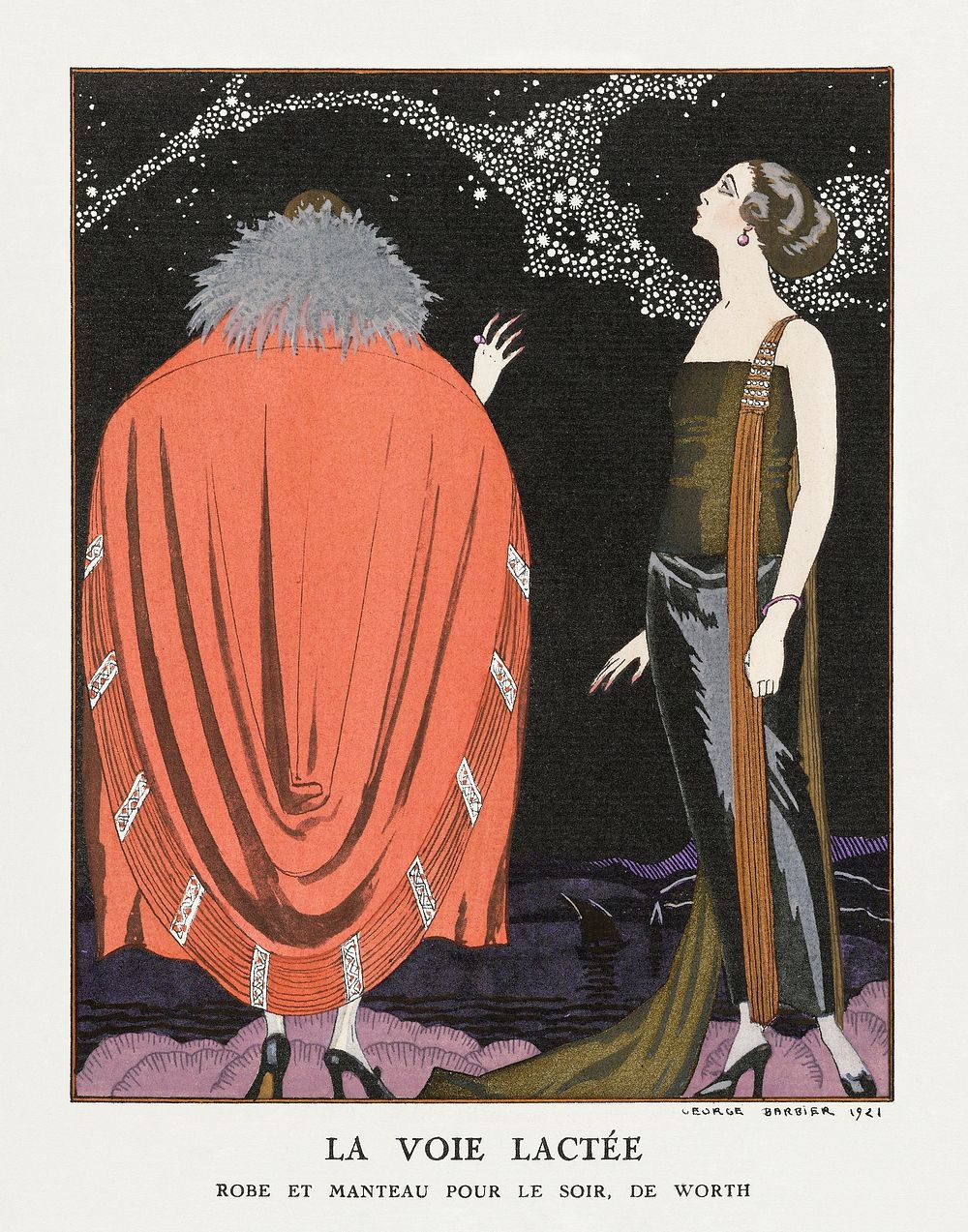 La voie lact&eacute;e: Robe et manteau pour le soir, de Worth (1921) fashion illustration in high resolution by George…
