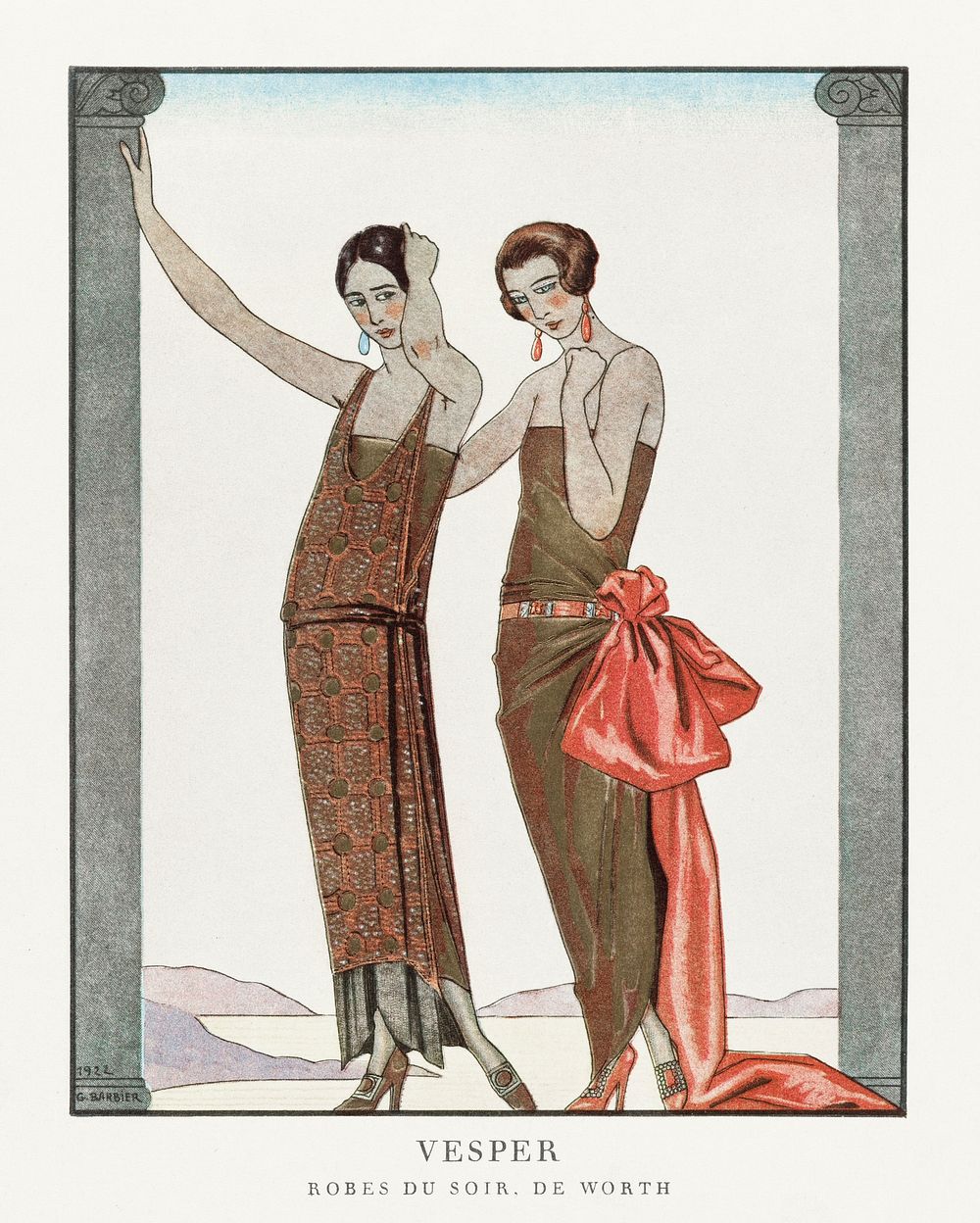 Vesper / Robes du soir, de Worth from Gazette du Bon Ton No. 8 (1922) fashion illustration in high resolution by George…