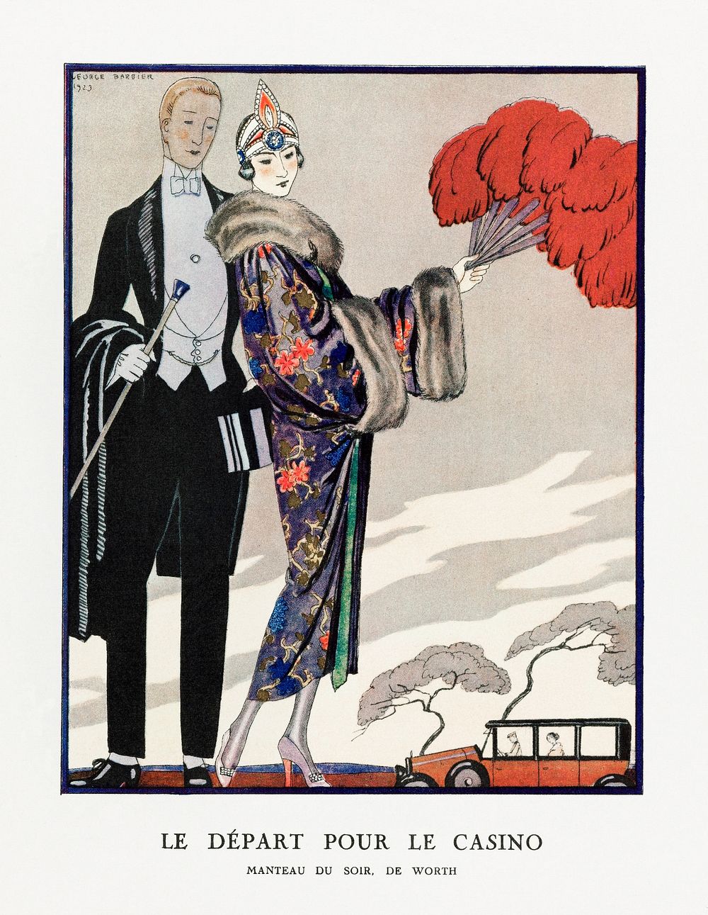 Le d&eacute;part pour le casino, Manteau du soir, de Worth (1923) fashion illustration in high resolution by George Barbier.…