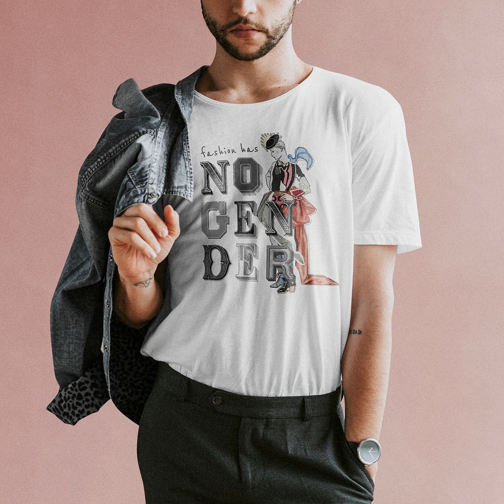 Men&rsquo;s t-shirt mockup psd with no gender screen print, remix from artworks by George Barbier