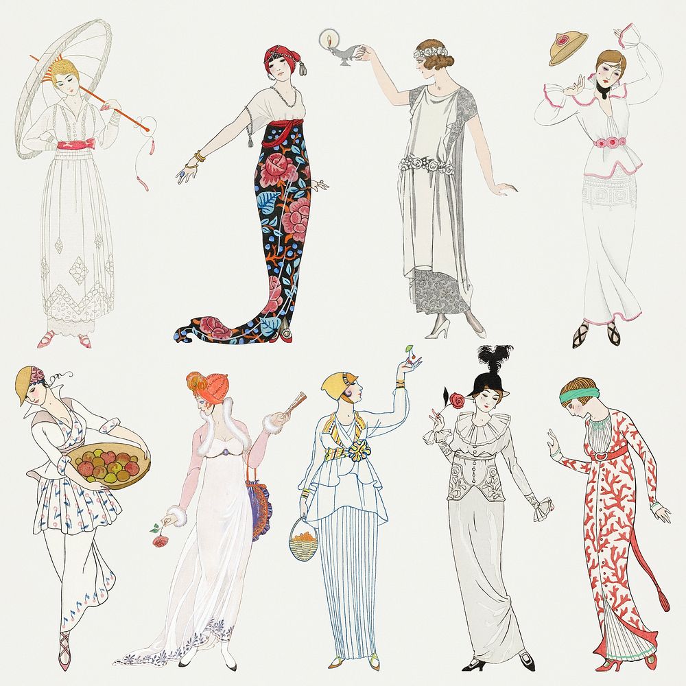 Vintage feminine summer fashion psd set, remix from artworks by George Barbier