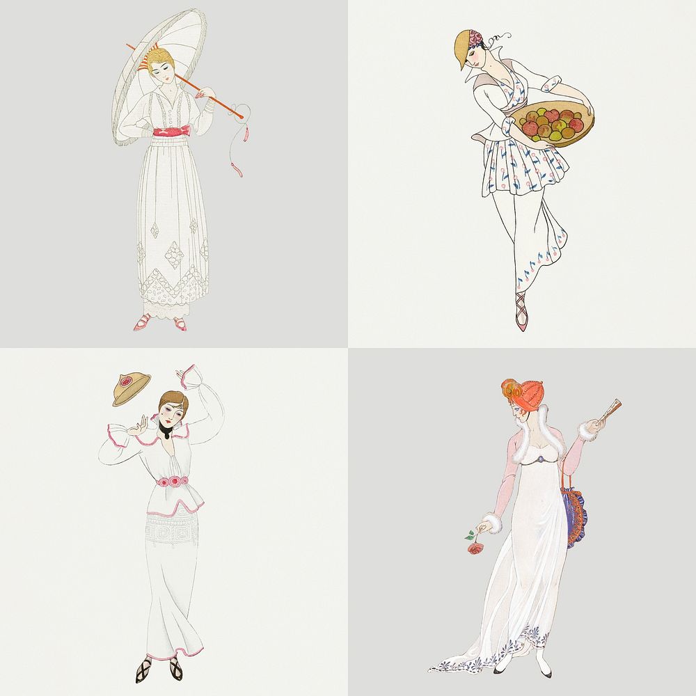 Vintage feminine fashion psd set 19th century style, remix from artworks by George Barbier
