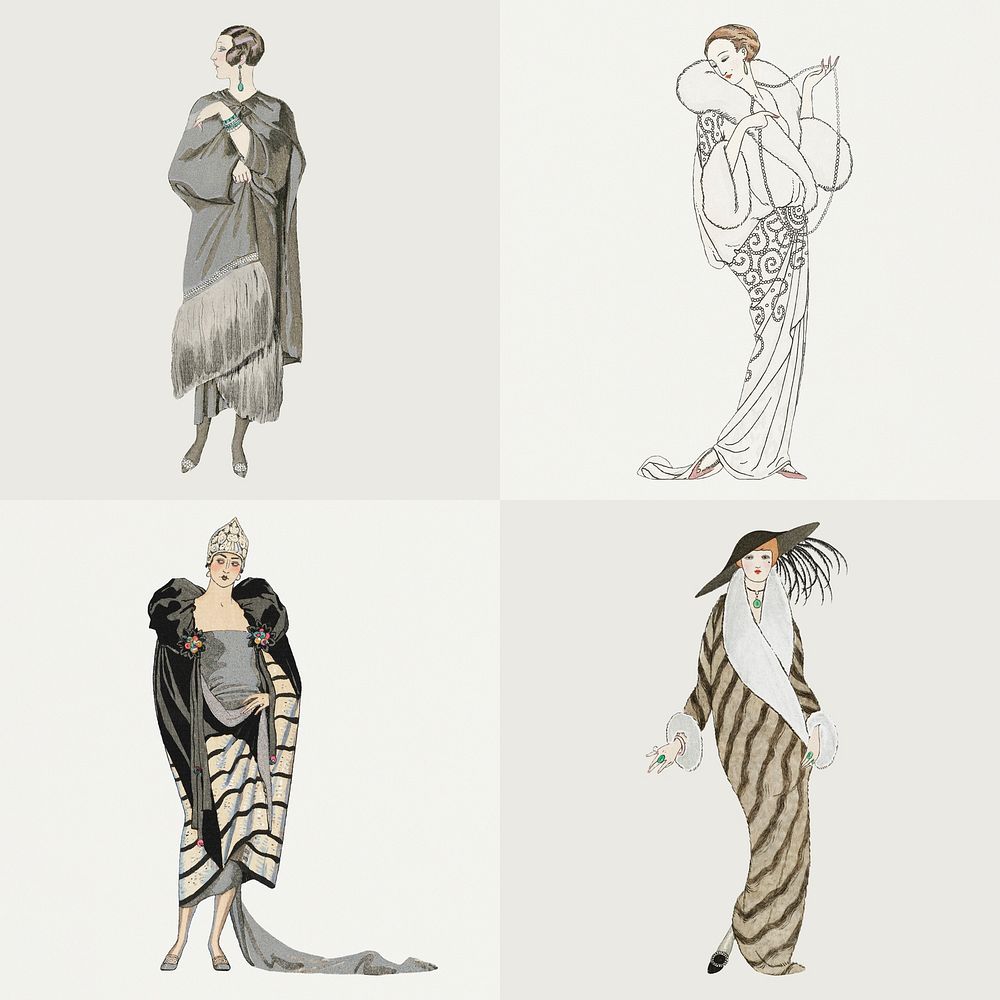 1920s women's fashion psd set, remix from artworks by George Barbier