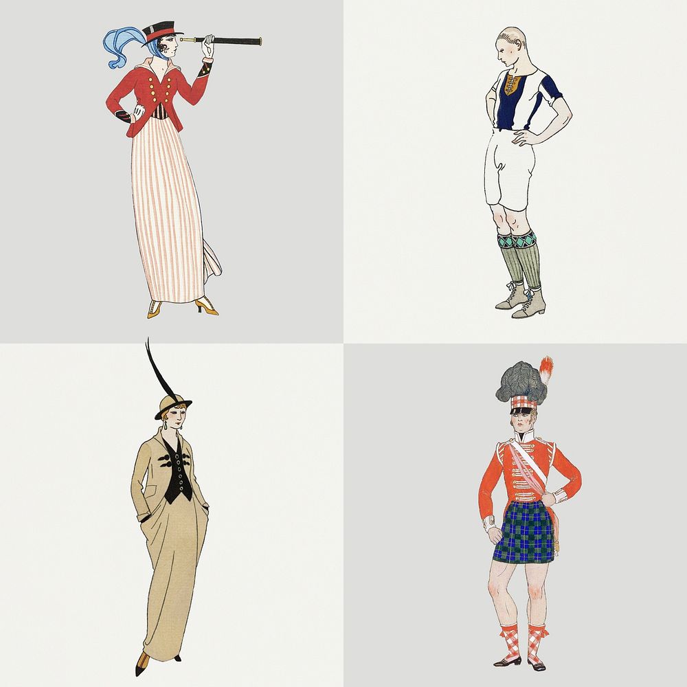 Vintage feminine fashion psd set, remix from artworks by George Barbier