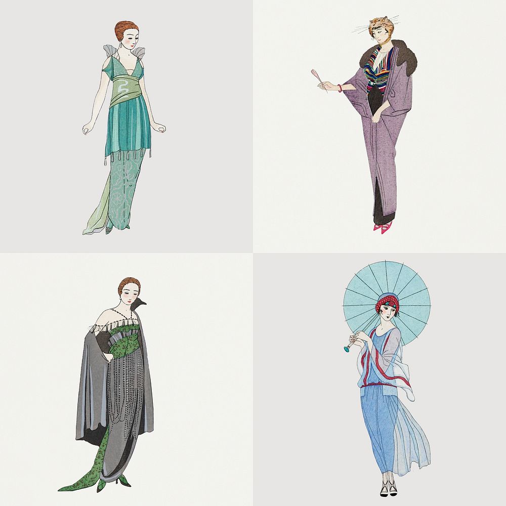 1920s women's fashion psd set, remix from artworks by George Barbier