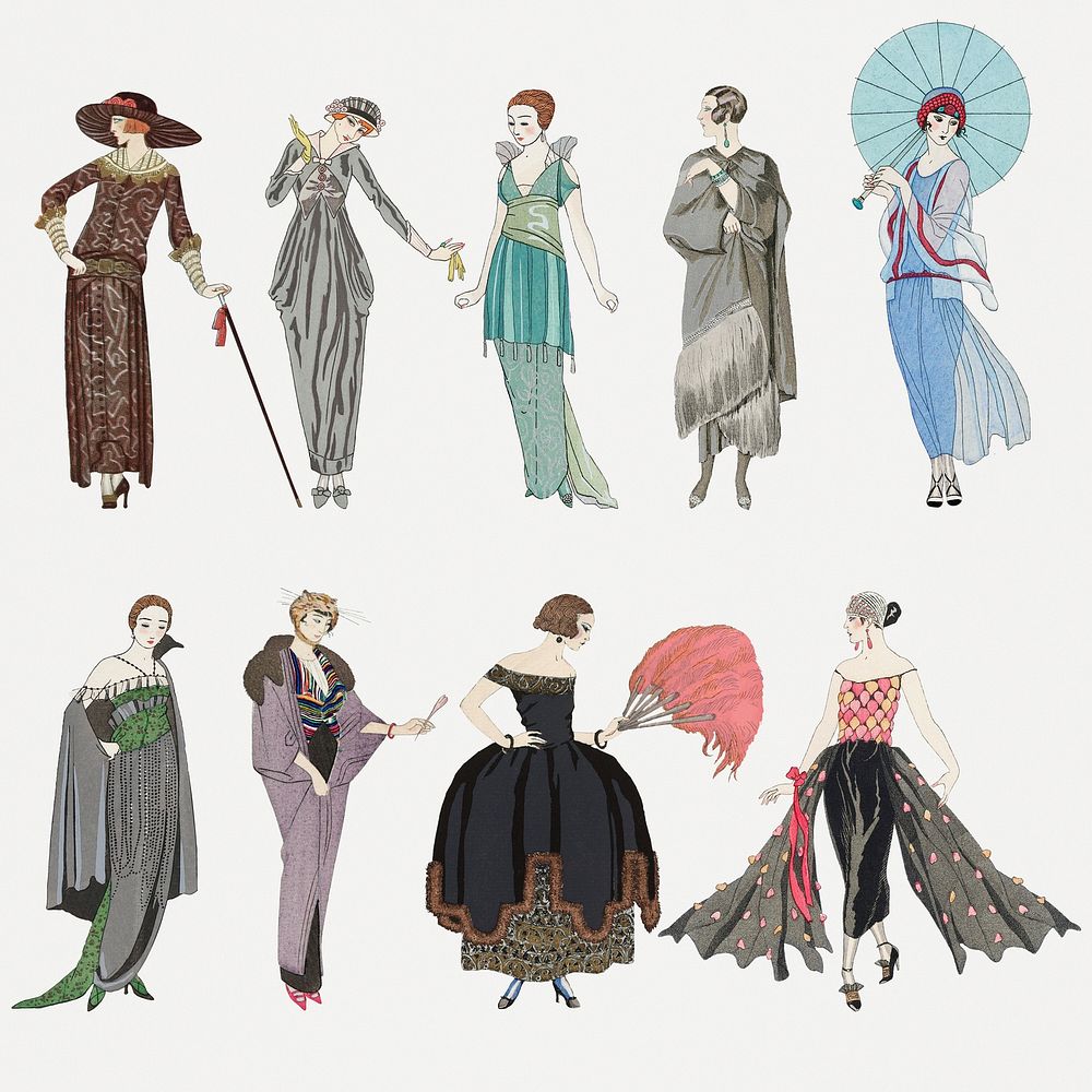 1920s women's fashion psd set, remix from artworks by George Barbier