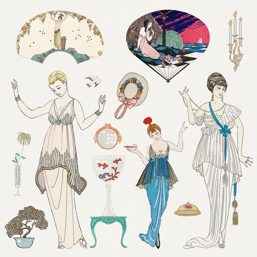 Vintage feminine fashion psd 1920's outfits, remix from artworks by George Barbier