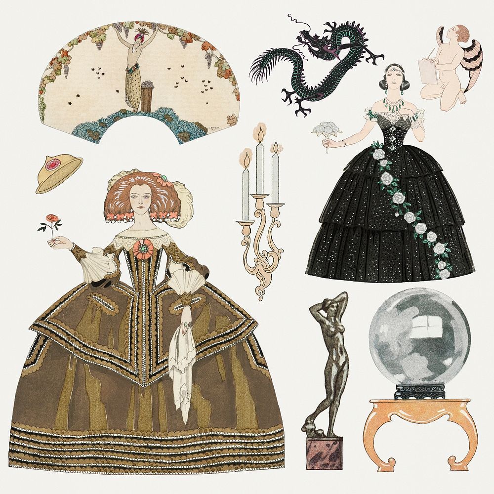 Victorian dress psd 19th century fashion set, remix from artworks by George Barbier