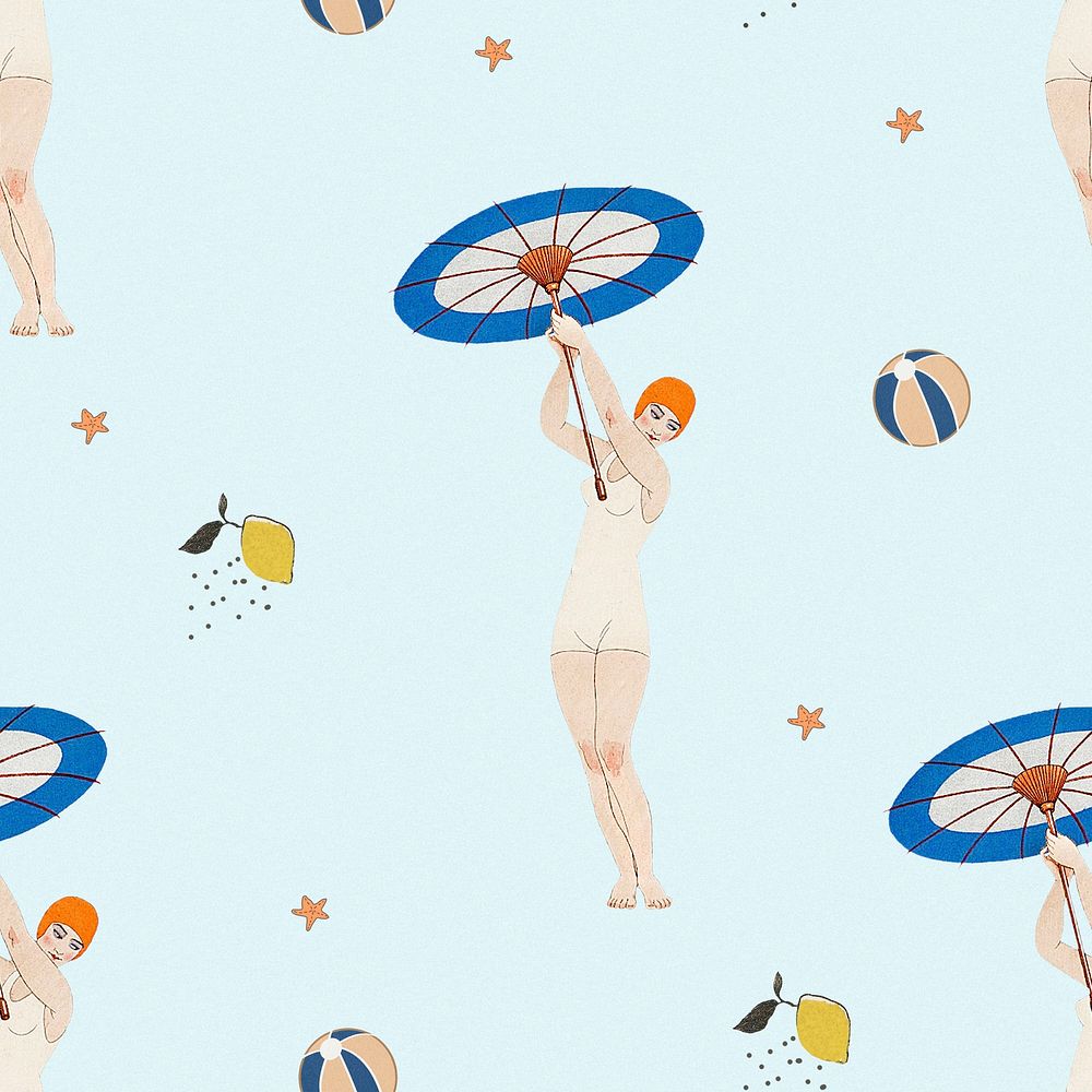 Vintage swimsuit fashion pattern psd feminine background, remix from artworks by George Barbier