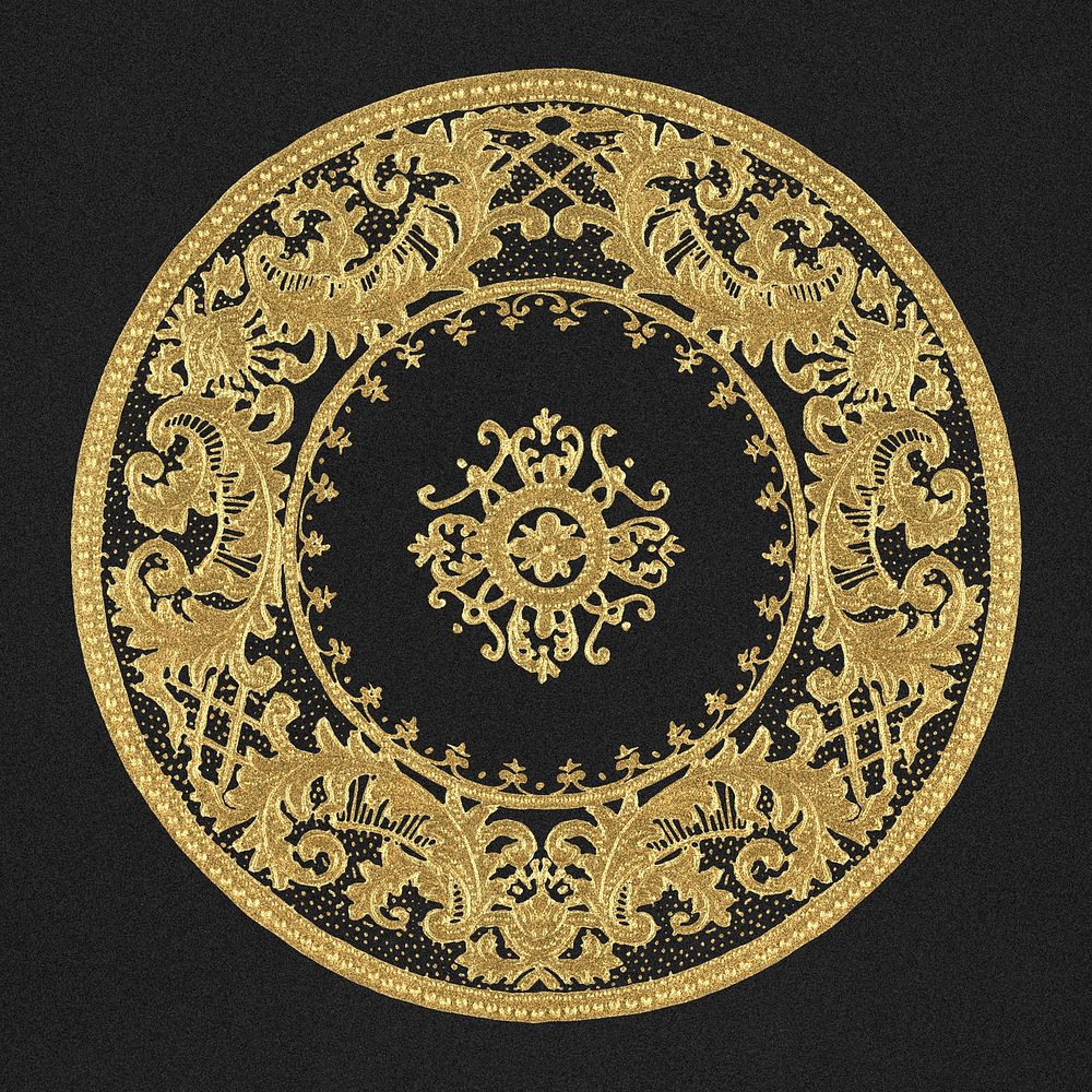Vintage gold mandala ornament on black background, remixed from Noritake factory china porcelain tableware design
