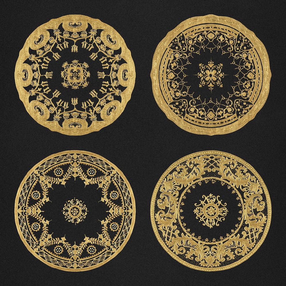 Vintage gold mandala pattern psd motif set on black background, remixed from Noritake factory china porcelain tableware…