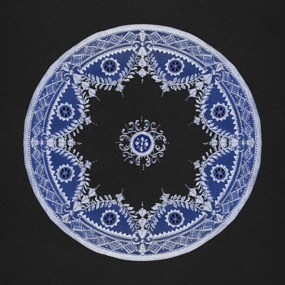 Vintage psd blue mandala ornament on black background, remixed from Noritake factory china porcelain tableware design