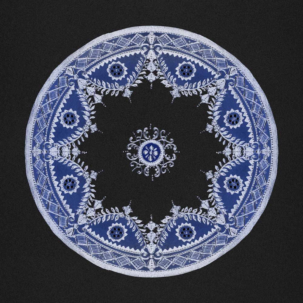 Vintage blue mandala pattern ornament on black background, remixed from Noritake factory china porcelain tableware design