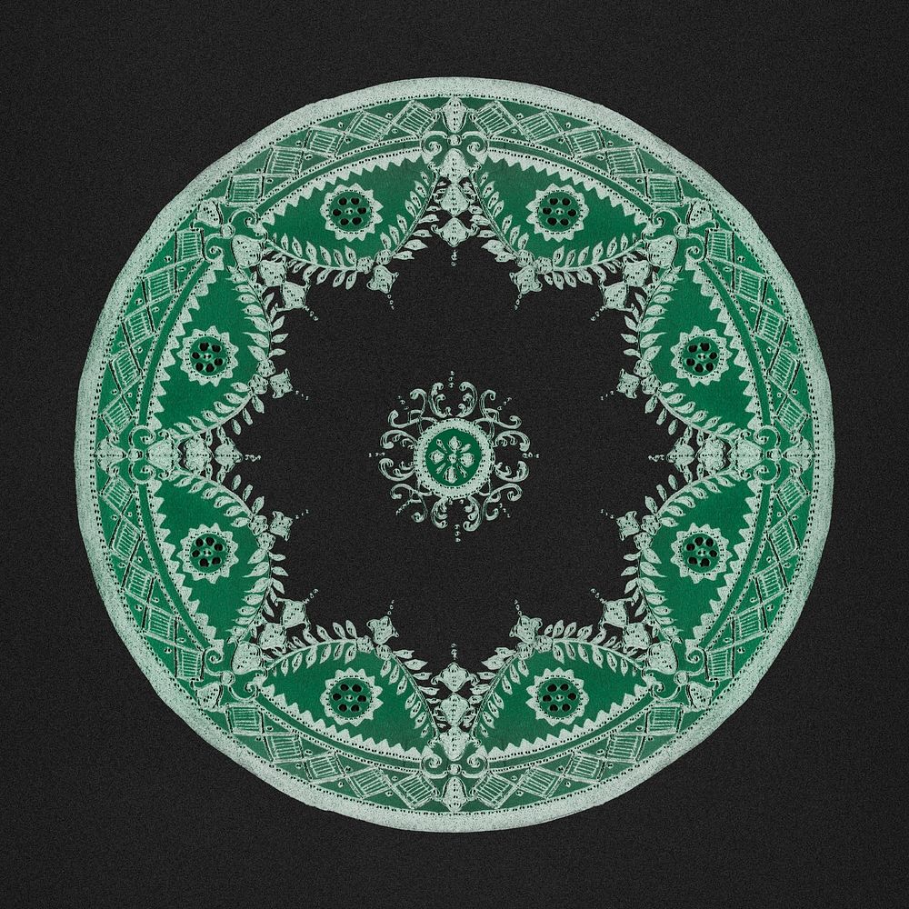 Vintage green mandala ornament on black background, remixed from Noritake factory china porcelain tableware design