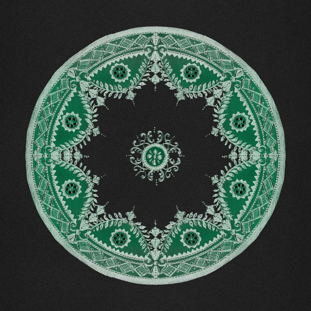 Vintage psd green mandala pattern ornament on black background, remixed from Noritake factory china porcelain tableware…