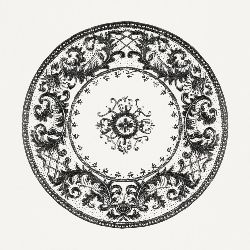 Vintage black and white psd mandala ornament, remixed from Noritake factory china porcelain tableware design