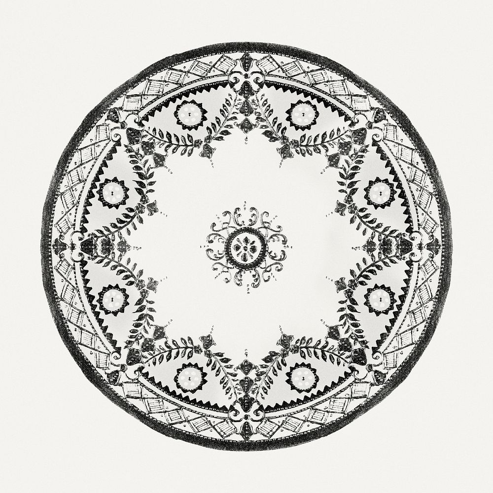 Vintage psd black and white mandala ornament, remixed from Noritake factory china porcelain tableware design