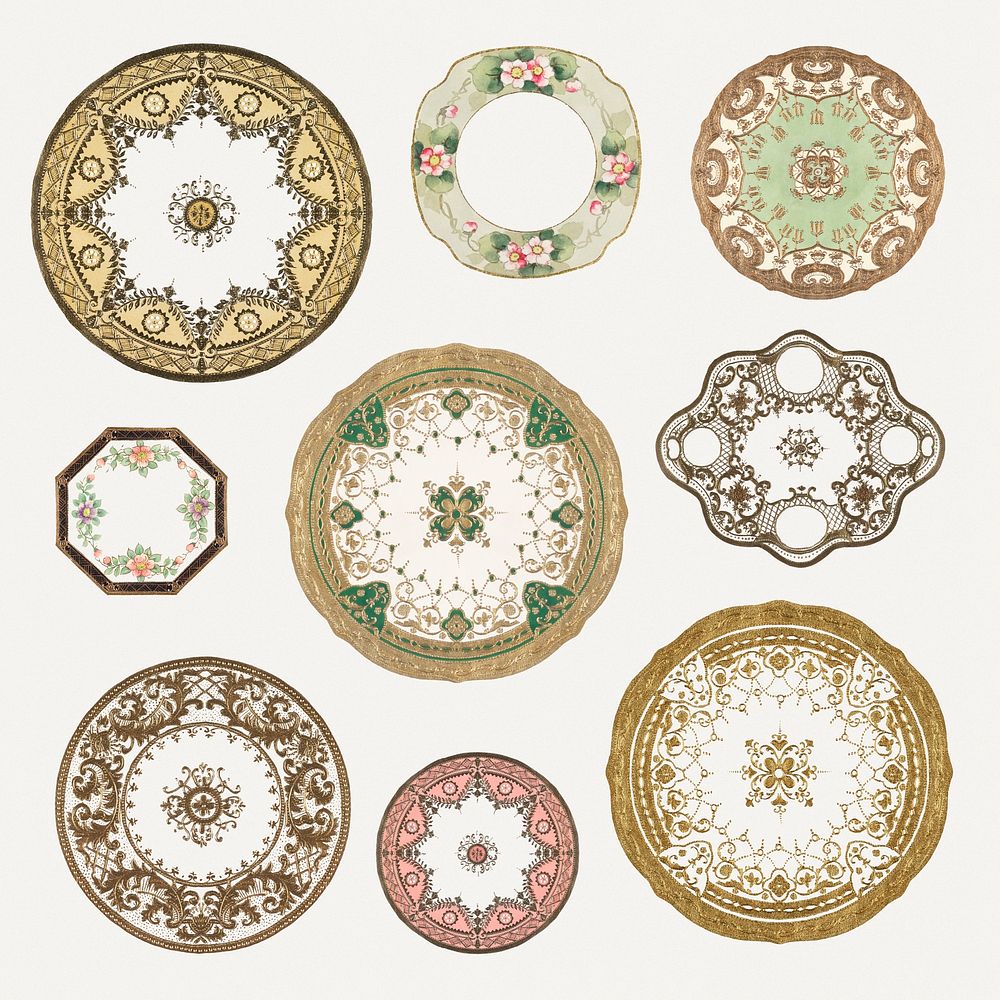 Vintage psd mandala pattern on plate design set, remixed from Noritake factory china porcelain dinnerware design