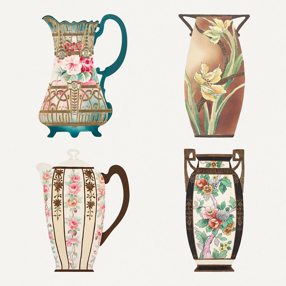 Vintage psd floral pattern jug design set, remixed from Noritake factory china porcelain design