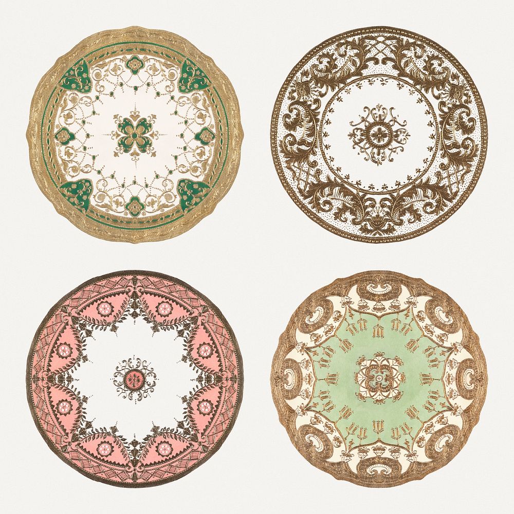 Vintage mandala pattern on platter psd design set, remixed from Noritake factory china porcelain dinnerware design