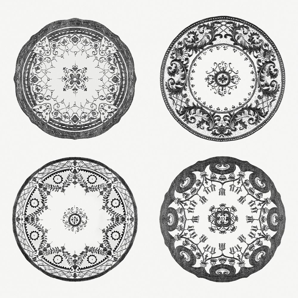 Vintage psd black and white mandala motif set, remixed from Noritake factory china porcelain tableware design