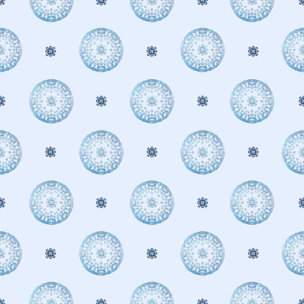 Vintage floral mandala pattern background in blue, remixed from Noritake factory china porcelain tableware design