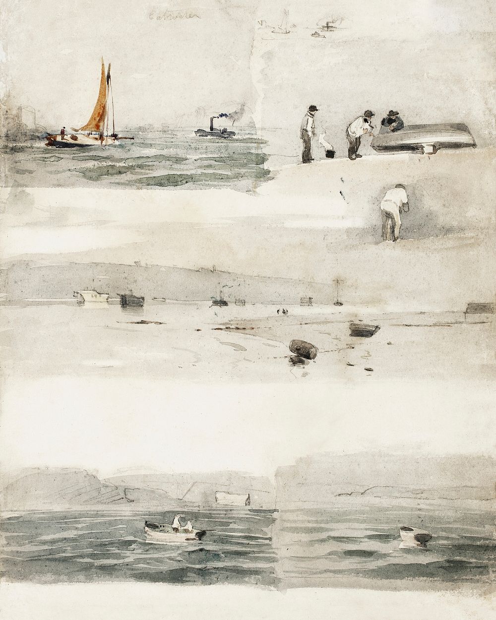 Sketches of Marine Scenes (recto); Two Sketches: Beside Stormy Coast, Cloudy Seascape (1852&ndash;83) painting in high…