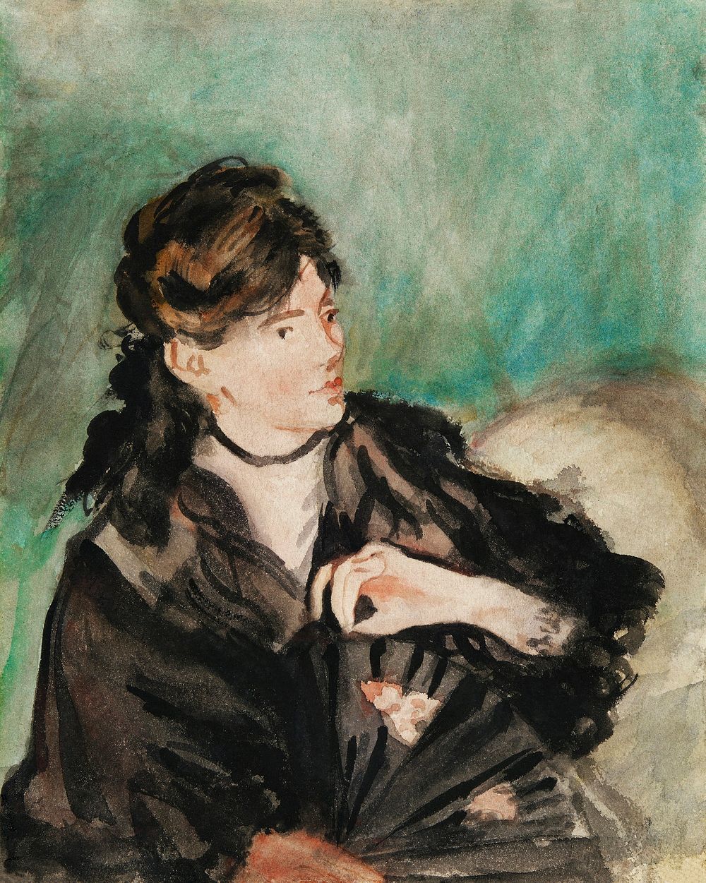 Portrait of Berthe Morisot with a Fan (1874) painting in high resolution by &Eacute;douard Manet. Original from The Art…