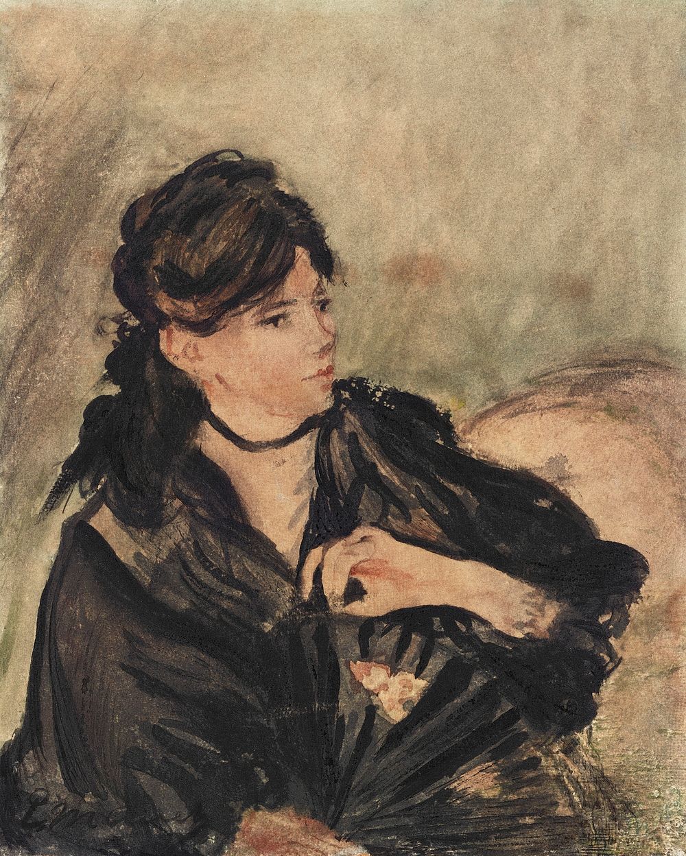 Portrait of Berthe Morisot with a Fan (1874) painting in high resolution by &Eacute;douard Manet. Original from The Art…