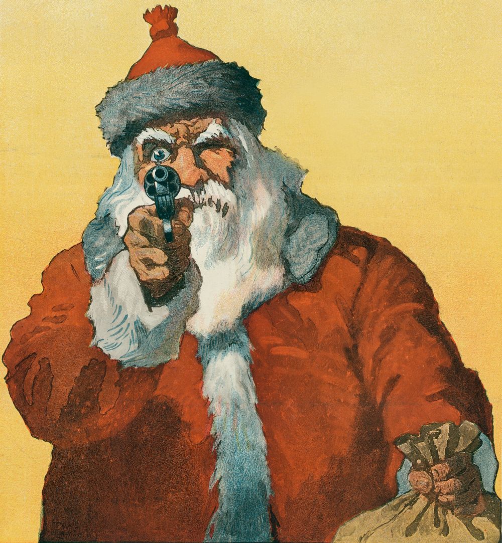 "Hands up!" Photomechanical Print Showing a Santa Claus Pointing a Handgun (1912) by Will Crawford. Original from Library of…