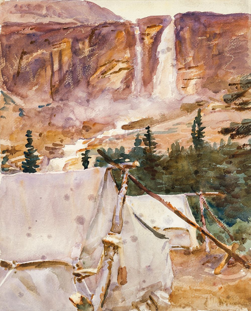 Camp and Waterfall (1916) by John Singer Sargent. Original from The MET Museum. Digitally enhanced by rawpixel.