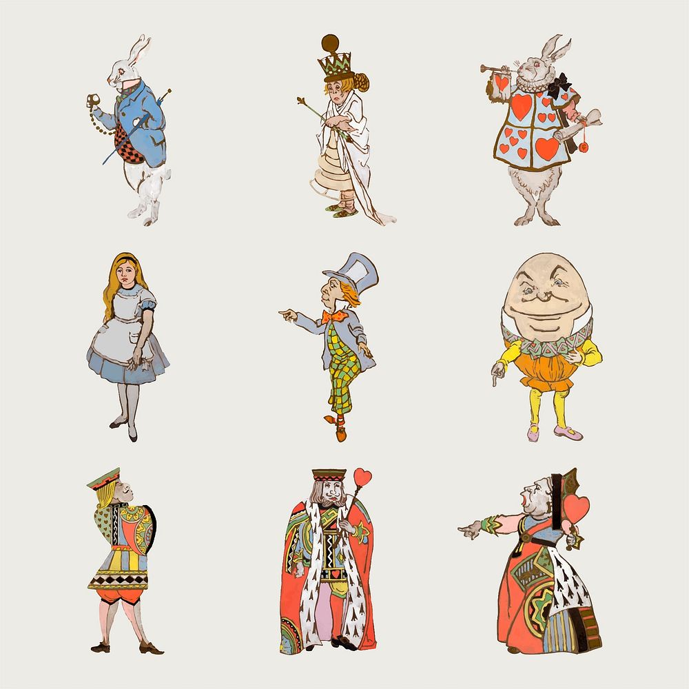 Alice&rsquo;s Adventures in Wonderland vector by Lewis Carroll, character illustration set, remixed from artworks by William…
