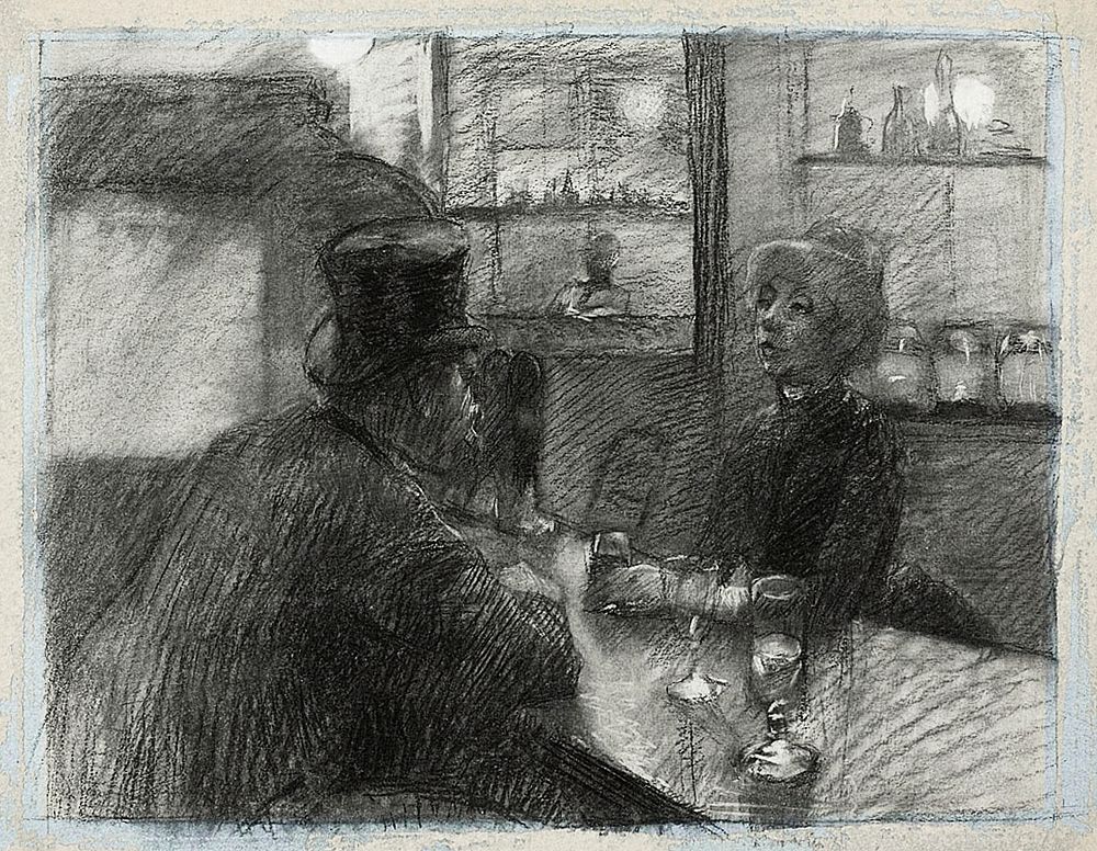 Bar of the Caf&eacute; of the rue de Rome (ca. 1886) drawing in high resolution by Henri de Toulouse&ndash;Lautrec. Original…