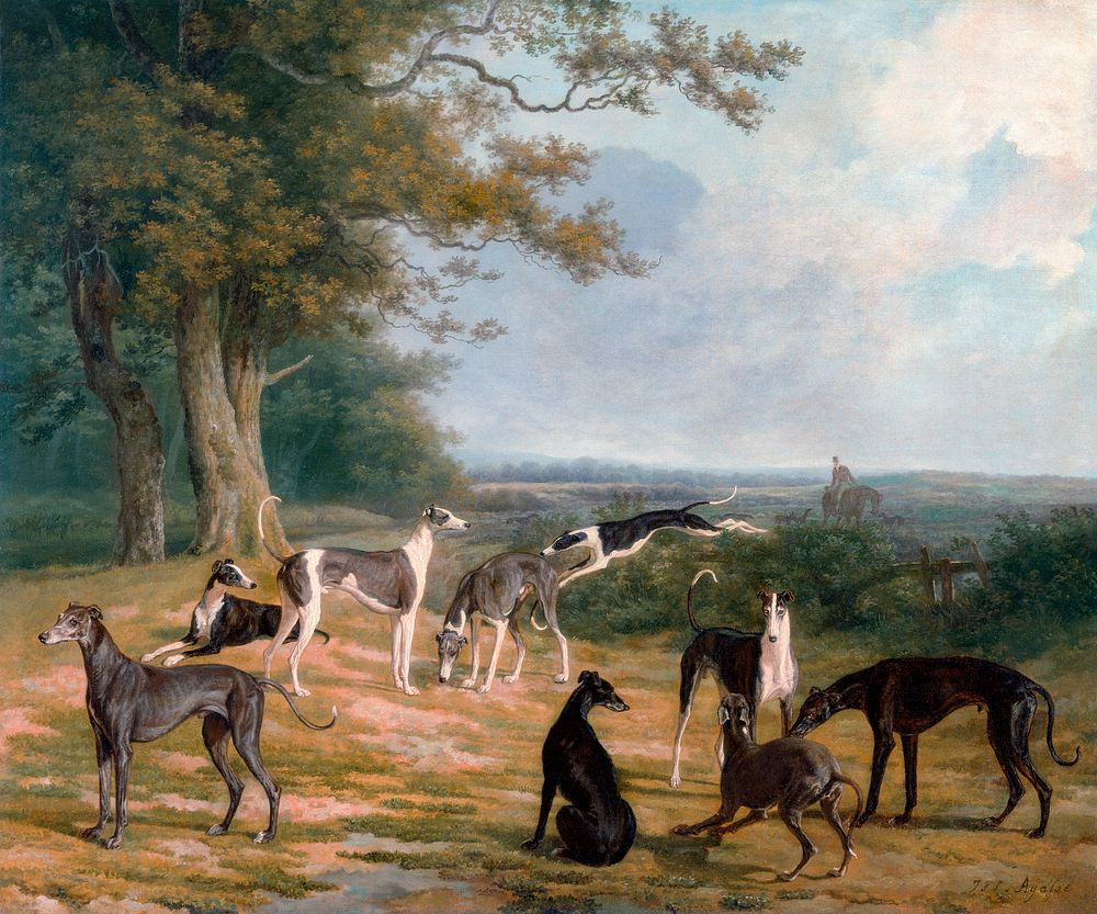 Nine Greyhounds in a Landscape (ca. 1807) painting in high resolution by Jacques&ndash;Laurent Agasse. Original from The…