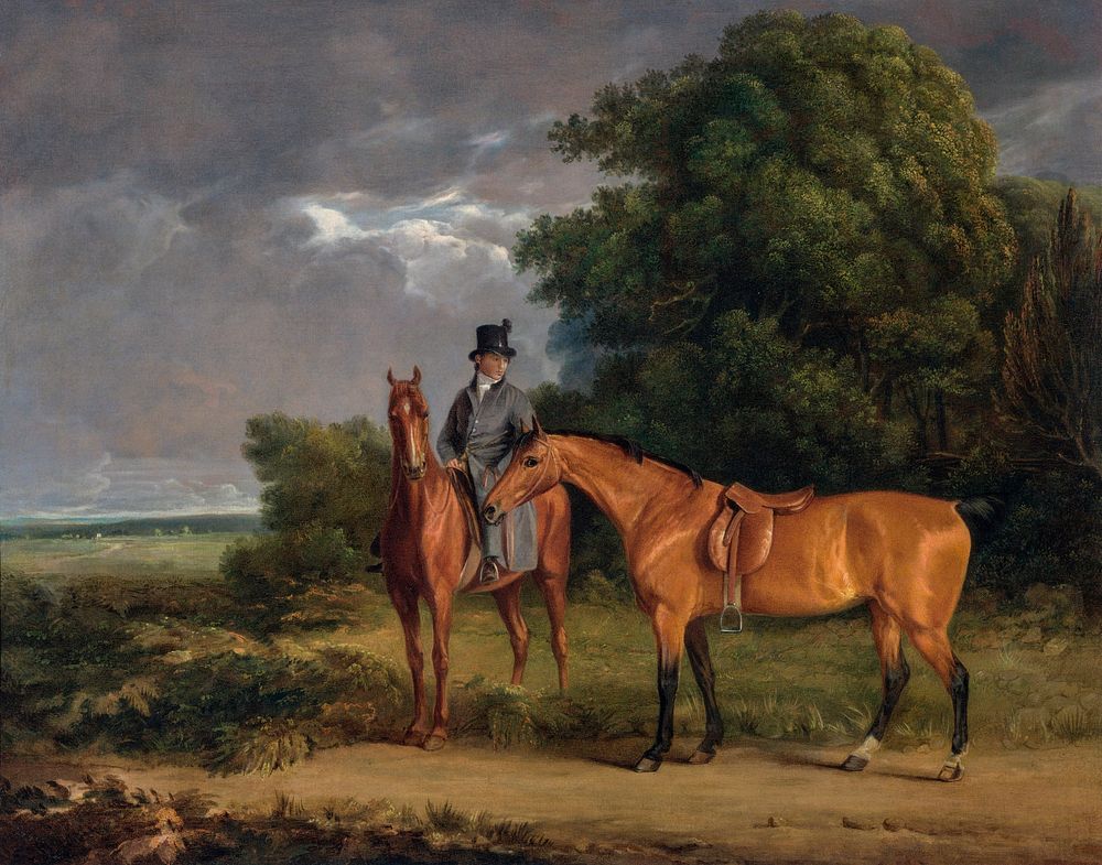A Groom Mounted on a Chestnut Hunter, He Holds a Bay Hunter by the Reins (early 19th century) painting in high resolution by…
