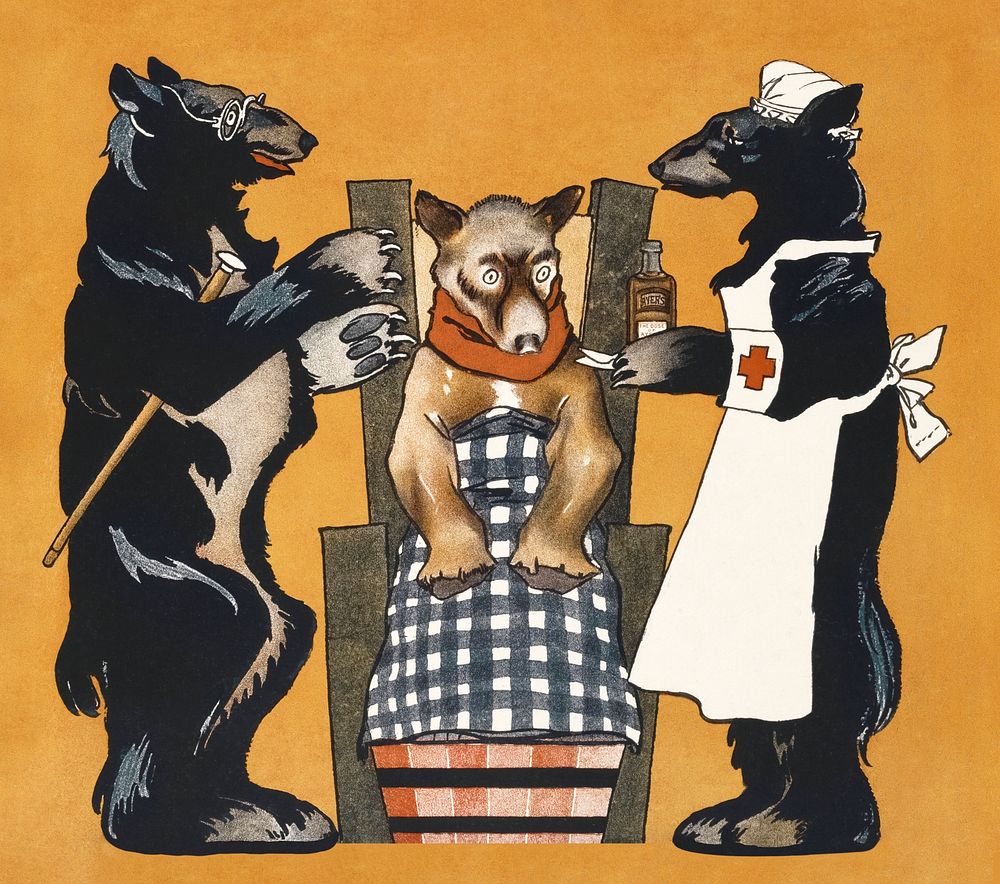 Bear doctor and nurse giving medication to patient, remixed from artworks by Edward Penfield