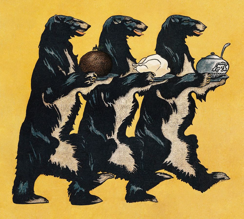 Vintage bears preparing for celebration illustration, remixed from artworks by Edward Penfield