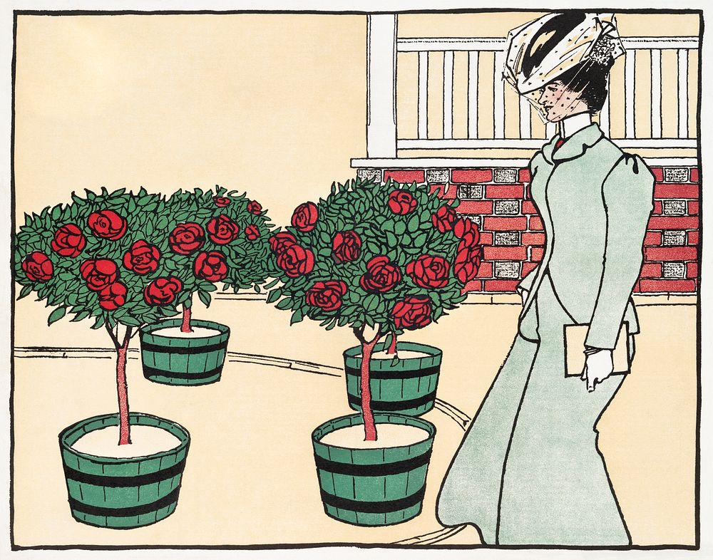 Woman in rose garden (1896) print in high resolution by Edward Penfield. Original from The New York Public Library.…