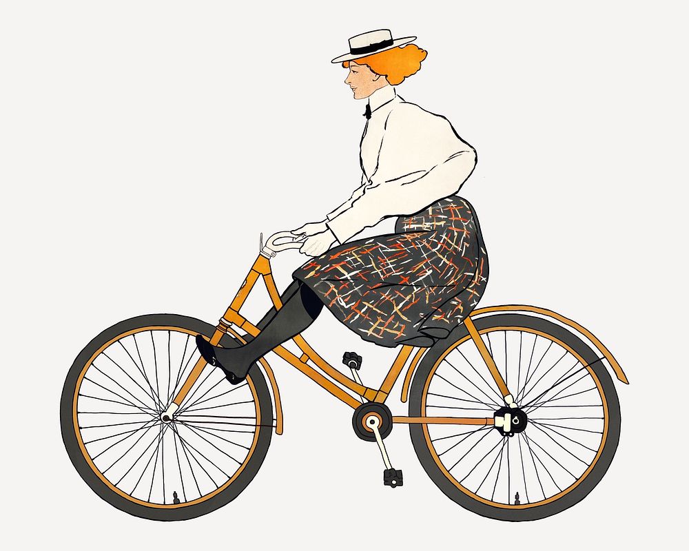 Vintage woman psd riding a bicycle art print, remixed from artworks by Edward Penfield
