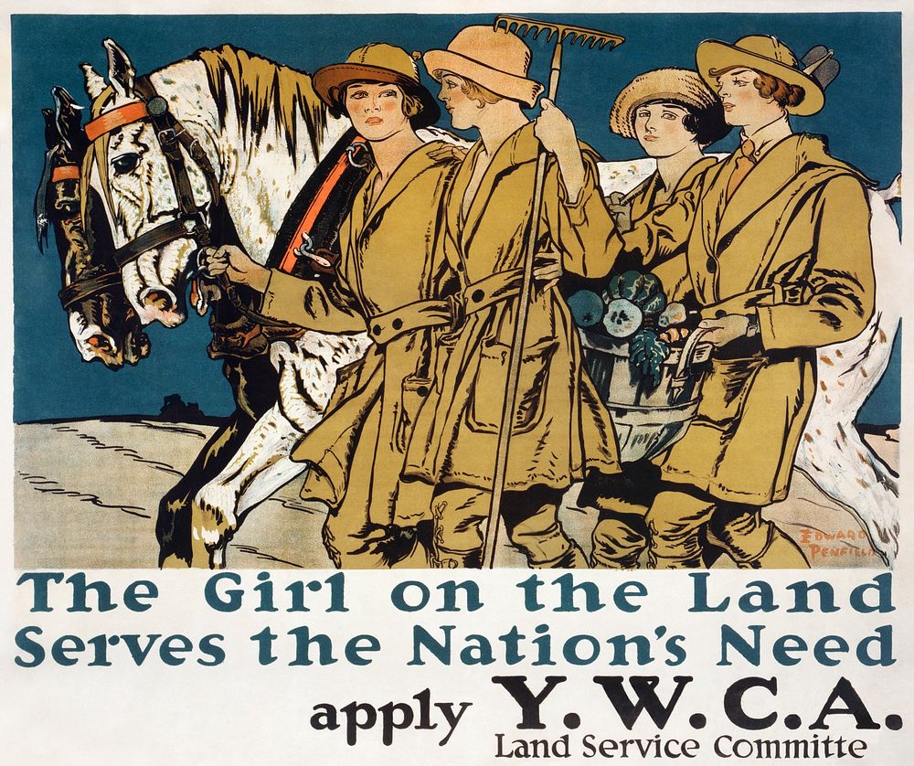 The girl on the land serves the nation's need (1918) print in high resolution by Edward Penfield. Original from Library of…