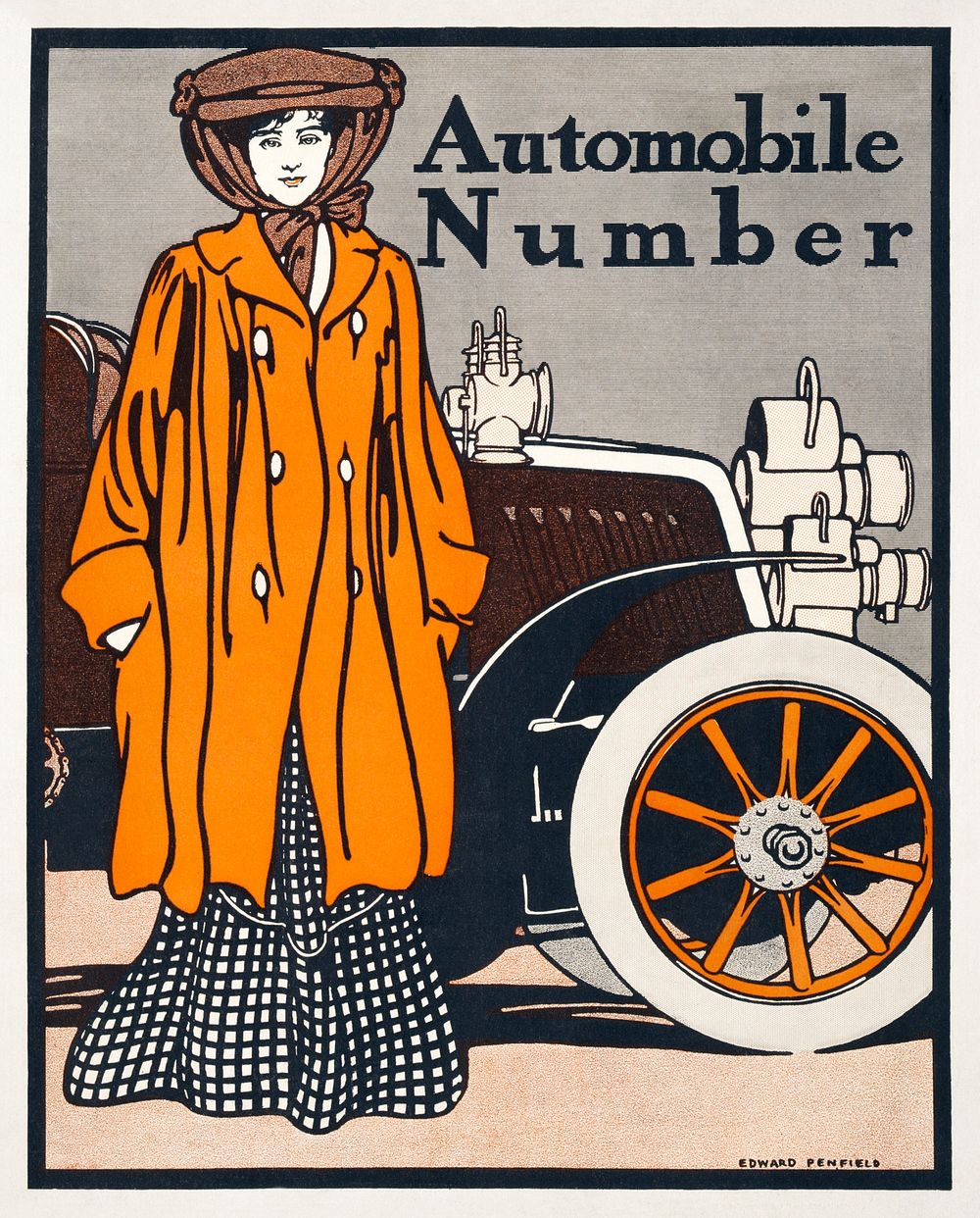 Woman and a vintage car (1903) print in high resolution by Edward Penfield. Original from Library of Congress. Digitally…