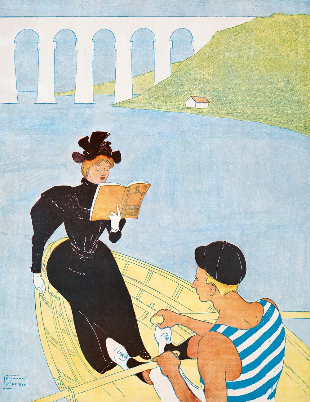 Woman reading in a row boat (1894) print in high resolution by Edward Penfield. Original from Library of Congress. Digitally…