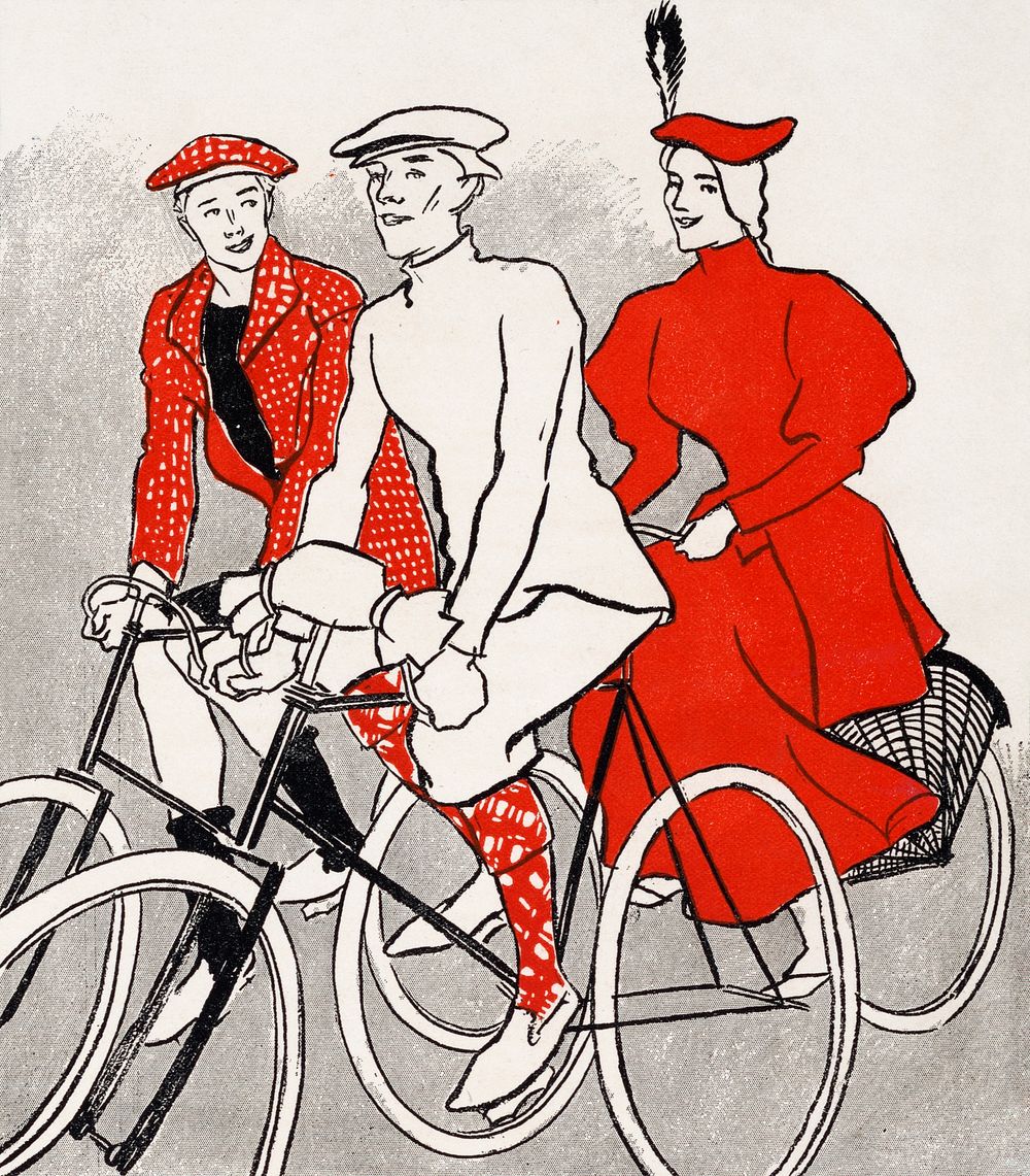 Women riding bicycles on a road, remixed from artworks by Edward Penfield