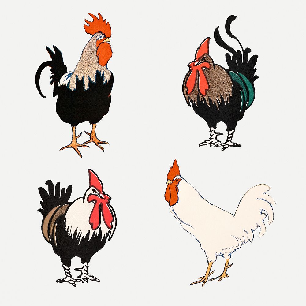 Chicken psd art print set, remixed from artworks by Edward Penfield